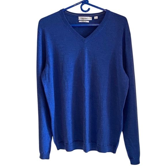 Calvin Klein Blue Extra Fine Merino Wool V-neck Sweater Fall Winter classic - Picture 1 of 5